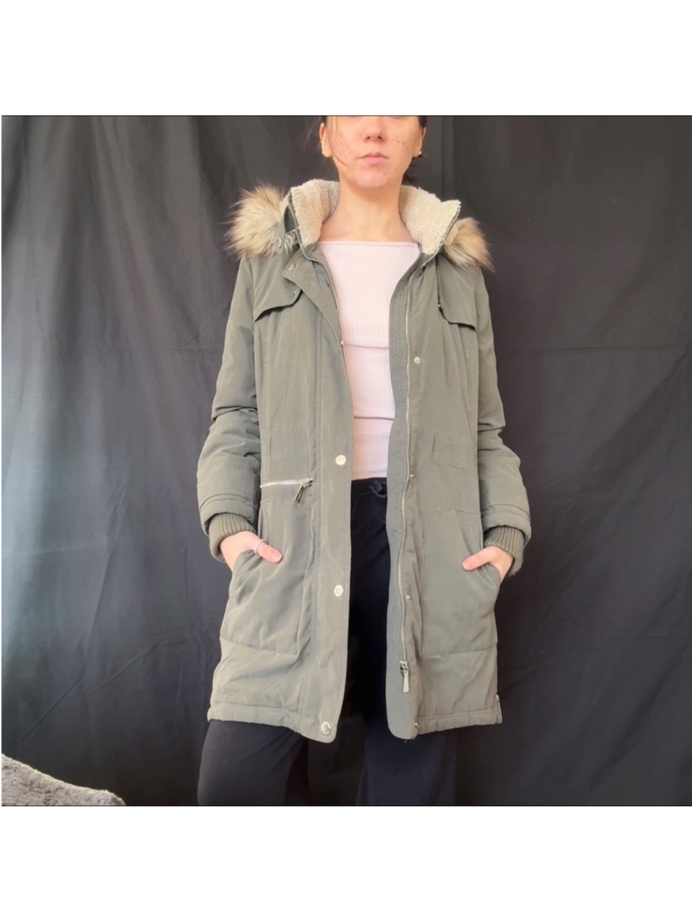 Donna Karan Olive Green Hooded Puffer Coat with Faux Fur Trim